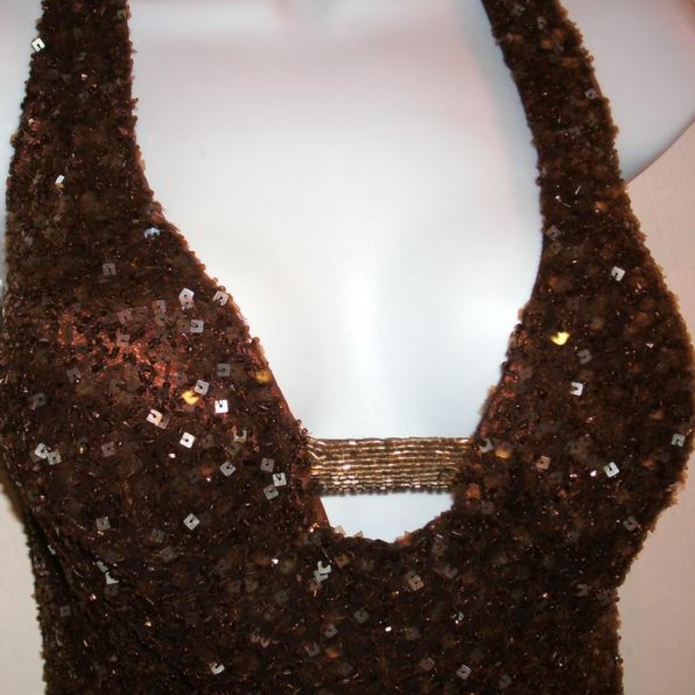 Scala Bronze Sequened Beaded Gown Formal Dress